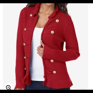 Classic Red Double-Breasted Military Cardigan Sweater with Zip front
